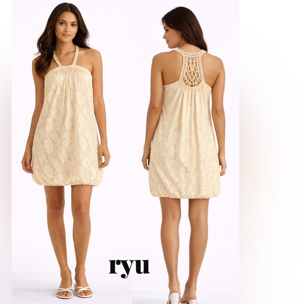 RYU Cream Lace Bubble Hem Dress Size Medium Sleeveless Halter Boho Floral
